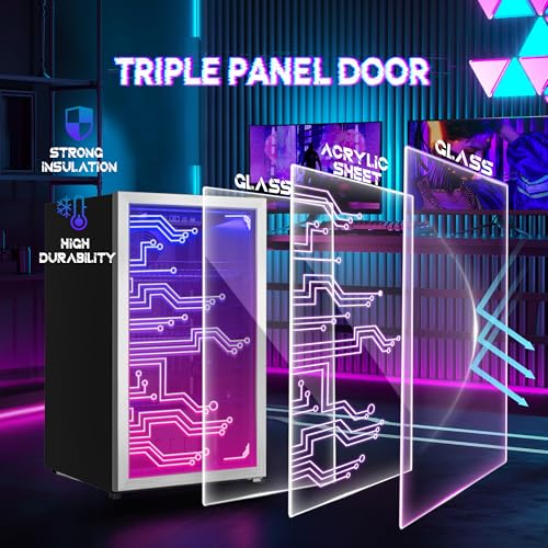 Gaming Light Up Beverage Refrigertor, Led Lighting Door 120 Cans Freestanding Beverage Fridge, Cyberpunk Beverage Cooler for Gaming, Gaming Room, Bar, Party (Lighting)