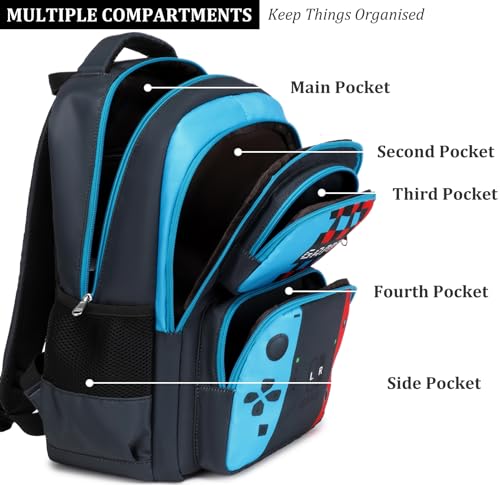 JIANYA Kids Backpack for School, Boys Gamer School Bag Travel Backpack for Elementary Kids Children, Red&Blue2