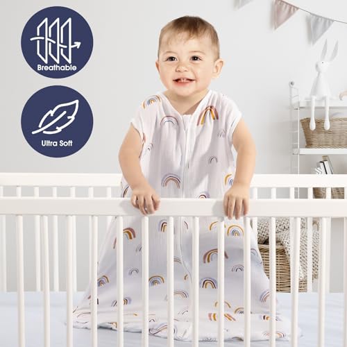 Image of BSTOPPT 2 Pack Baby Sleep Sack 18-24 Months 100% Organic Cotton Muslin Baby Sleeping Bag 2-Way Zipper Wearable Blankets (Rainbow & Leaf, X-Large), QYY24-HUA