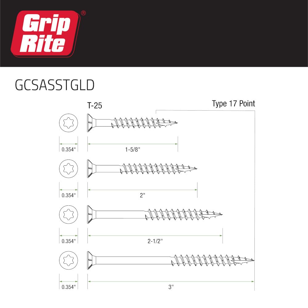 Grip-Rite GCSASSTGLD - Viti per legno, 335 pezzi, in acciaio legato, T-25 con attacco a stella, testa piatta, finitura zincata, misure assortite da 3,5 cm a 7,6 cm