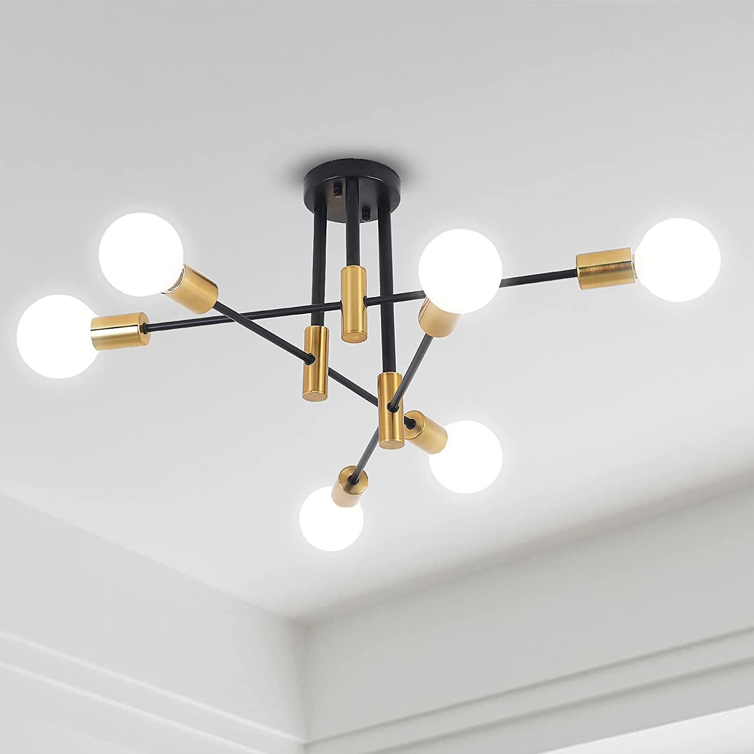 Jasni Sputnik Ceiling Light Chandelier Mid Century Modern Nordic Pendant Lighting 6 Lights Fixture Black Gold Semi-Flush Mount Ceiling Light for Bedroom,Dining Room,Kitchen,Office,Hallway (6-Light)