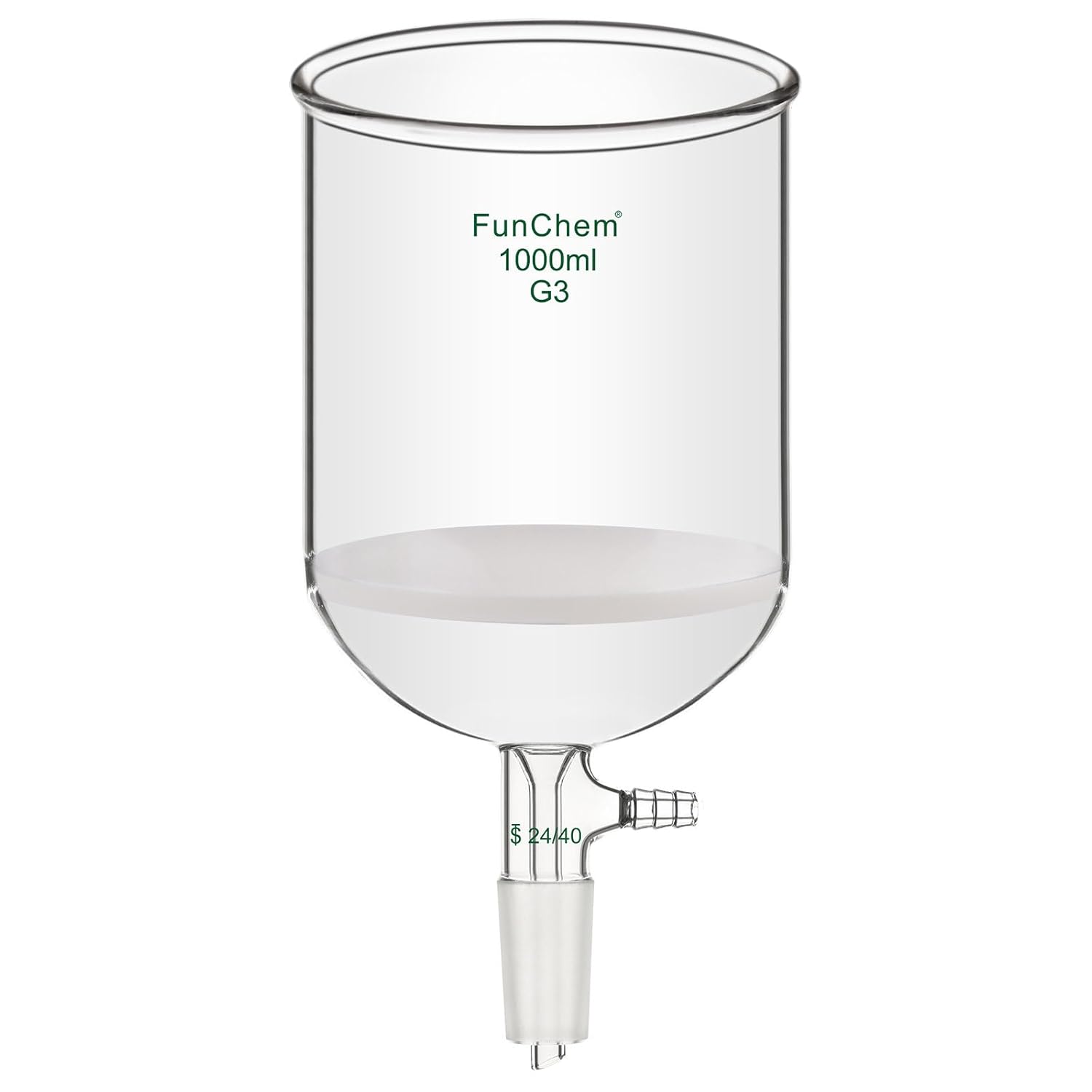 FunChem Buchner Filtering Funnel with Fine Frit (G3), Borosilicate Glass Buchner Funnel with 24/40 Standard Taper Inner Joint and Vacuum Serrated Tubulation, 1000 mL Capacity