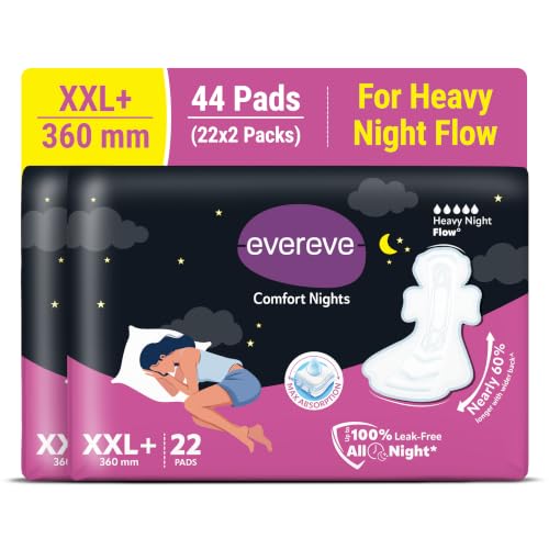Image of Evereve Comfort Nights Sanitary Pads XXL+ 360mm, 60% Longer with Wider back For All Night Care, Heavy Night Flow Absorption, Up to 100% Leak Protection, Rash-Free Breathable Comfort, Pack of 22x2