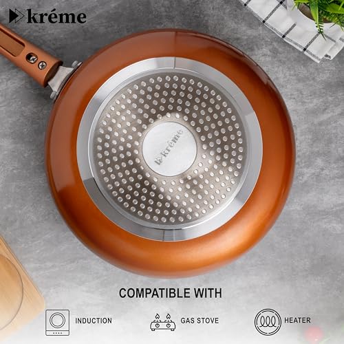 Image of Kreme Sonet Non Stick Frying Pan, 24 cm Diameter, Low Oil Cooking, Easy to Clean, Induction and Gas Compatible, PFOA Free, Cooking, Frying, cookware, Bronze