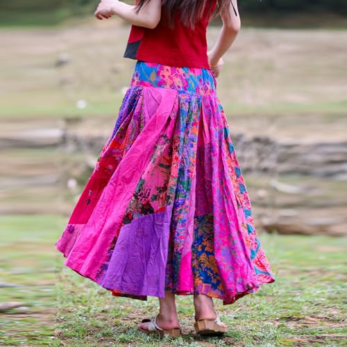 Bohemian High Waisted Elastic A-Line Skirt Loose Patchwork Long Skirt Summer Beach Skirt Versatile and Casual4
