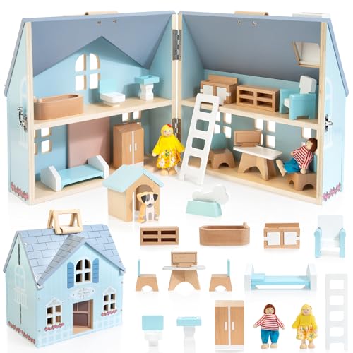 WOODMAM Foldable Wooden Dollhouse with 2 Dolls & Pet Set 20PCS Furniture Wooden Doll House for Girls Age 3-6 Portable Pretend Play Toy Christmas Birthday Gift for Toddlers