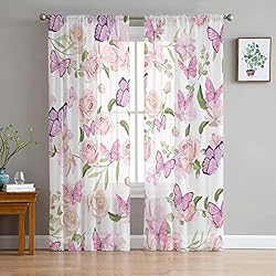 Cortinas Estampadas Flores LUOWAN Cortinas Visillos Translucidas 2 Paneles 35% Cortinas Opacas Tamaño Total 200x160 CM Rosa Mariposa Flor Cortinas Decorativas Para El Hogar Para Cocina Dormitorio Sala De Estar Ventana Dormitori