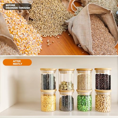 Image of Glass Jars Air Tight Canister Borosilicate Kitchen Food StorageRound jar 220 ml Container Set With Natural Bamboo Lids For Sugar, Pasta, set of 12(12, Round BAMBOO LID GLASS JAR 220ml -)