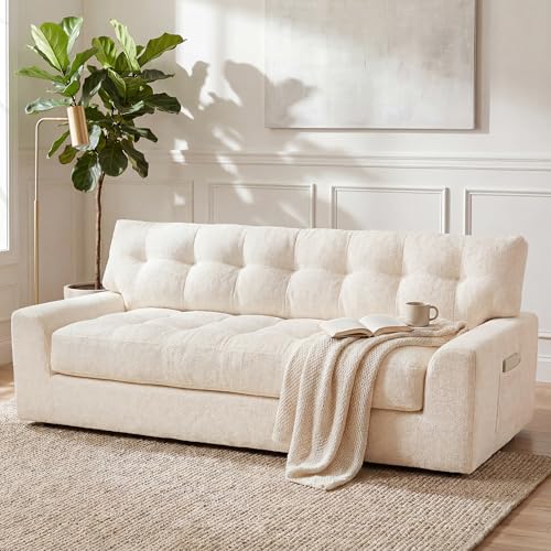 Image of MONVANE 75.6 inch Convertible 3‑in‑1 Chenille Boneless 3 Seater Sofa, Beige