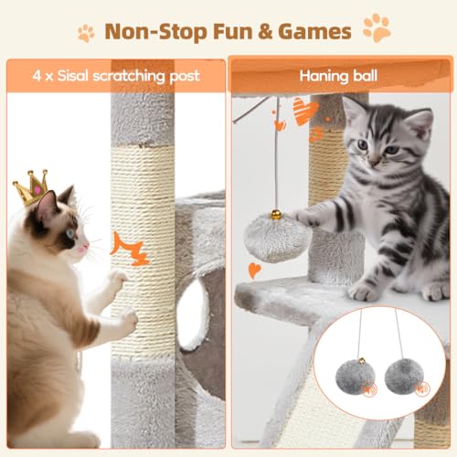 Image of Taoqimiao Cat Tree, 38.5In Cat Tower for Indoor Cats, Suitable for Kittens | Thick Padded Top Perch, Luxurious Cat Condo, Adjustable Basket, 1-Piece Ramp Scratcher, 3 Sisal Posts, Light Gray, MS029SW