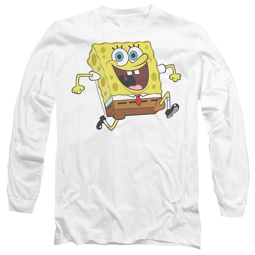 Spongebob Happy Running Mens Long Sleeve T Shirt, White, Large