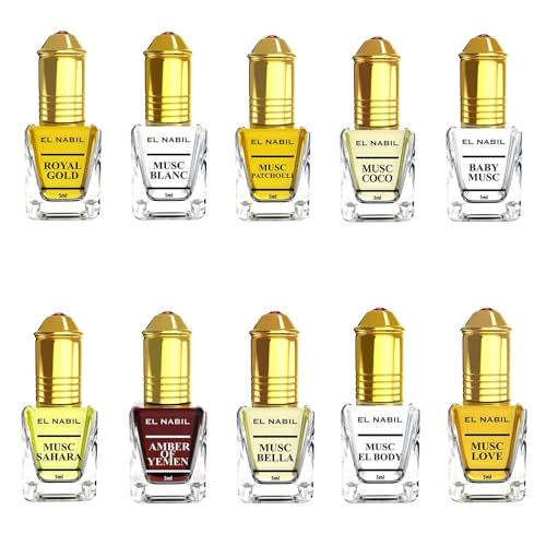 El Nabil Premium Musc Ensemble de parfums pour femmes - 10 x 5 ml Huile de parfum (TOP 10 MIX) - Parfums arabes pour dames - Ensemble de parfums orientaux
