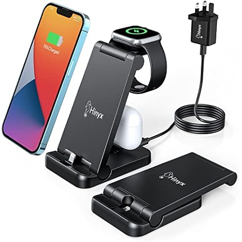 Hinyx 3 in 1 Fast Charging Station for Apple Devices, Foldable Charging Stand Compatible with Apple Watch Series 8 7 6 SE 5 4 3 2 & Airpods iPhone 14 13 12 11 Pro X Max XS XR 8, with QC3.0 Adapter Cover