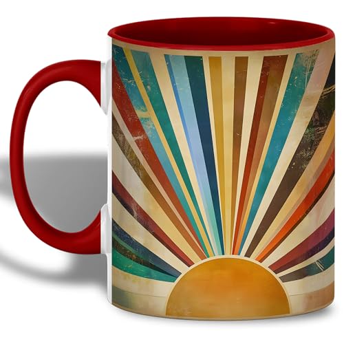 ATSAKA Retro Sunburst Mug, Vintage 70s Aesthetic Coffee Mug, 11oz Ceramic Cup, Boho Sunrise Geometric Design, Colorful Hippie Art Gift, Mid-Century Modern Style, Warm Sunset Pattern, Dishwasher Safe
