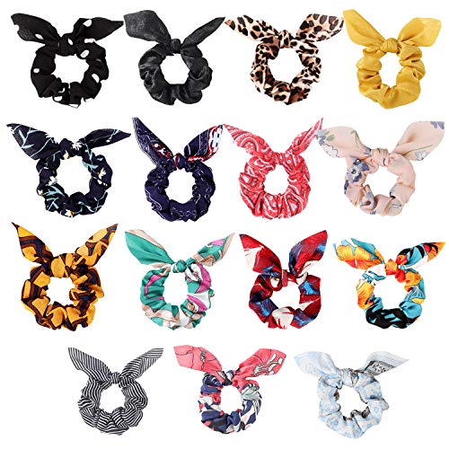 15 Pcs Bow Scrunchies for Hair, Hair Scrunchies with Bow, Chiffon Floral Scrunchie Hair Bands Satin Scarf Ponytail Holder for Women (Color B)