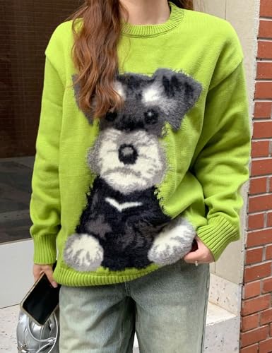 Image of Women's Oversized Vintage Animal Dog Graphic Crewneck Holiday Sweater Long Sleeve Knitted Pullovers Tops