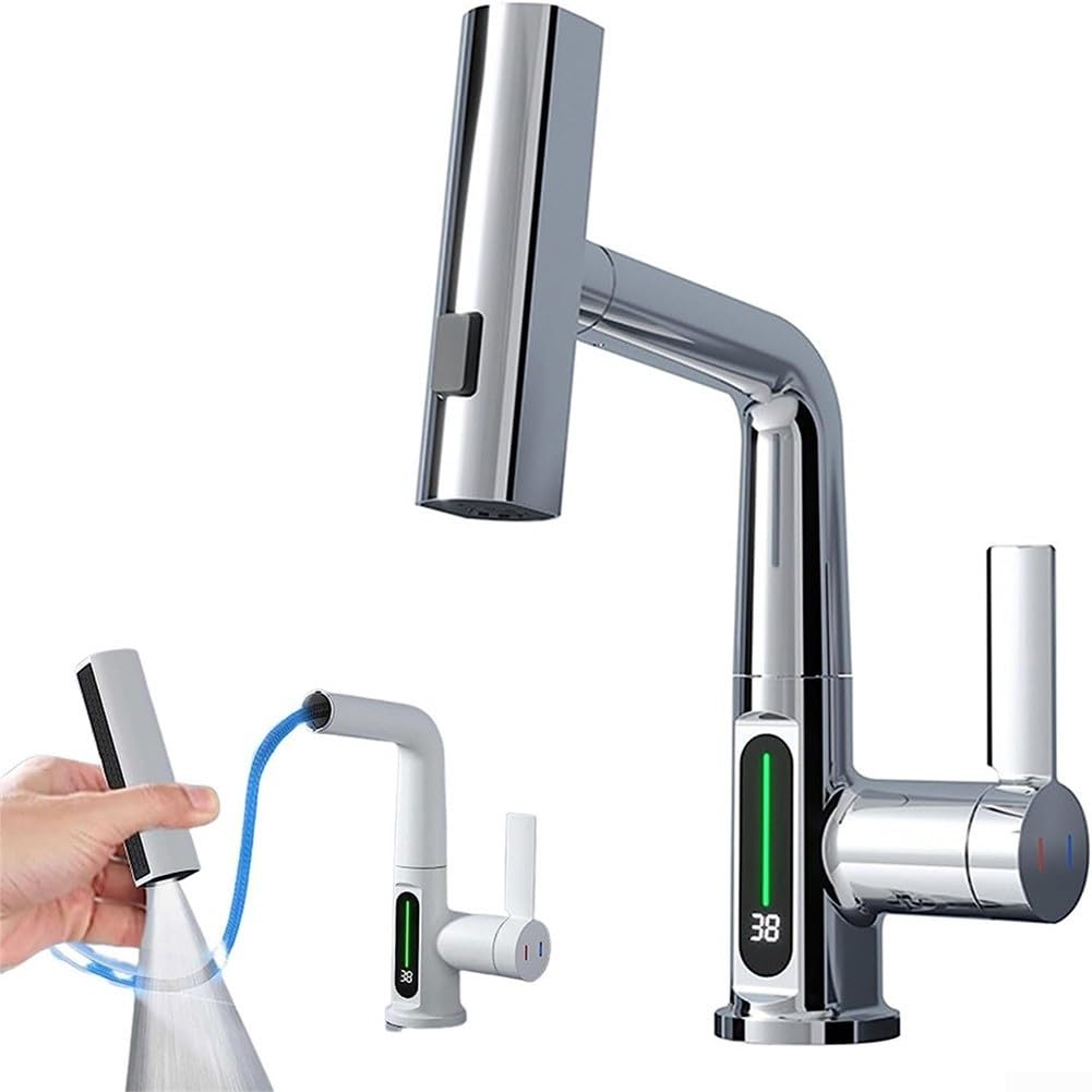 ForDigital Display - Grifo de cocina extraíble con sensor de temperatura, giratorio 360 grados, latón para fregadero, baño, caravana, negro (gris)