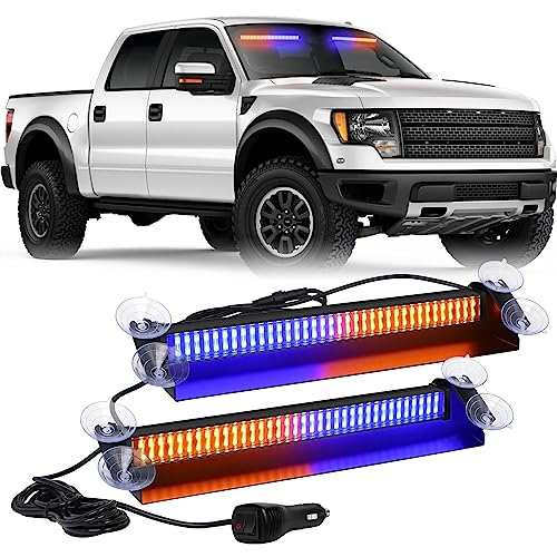 XRIDONSEN Emergency Dash Strobe Lights 144 LED Amber Blue Warning Hazard Safety 2X 14.5 inch Front/Rear Interior Windshield Lights w/Suction Cups Deck Split Mount for Vehicles Trucks