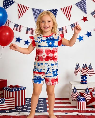 Image of Toddler Girls July 4th Shirts American Flag Ruffle Short Sleeve Patriotic Red White Blue Star Outfits Blouse Tops