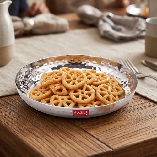 Image of HAZEL Stainless Steel Snack Plate 15.5 cm | Side Hammered Finish Round Steel Thali Nasta Plate for Daily Use Home, Office & Restaurant