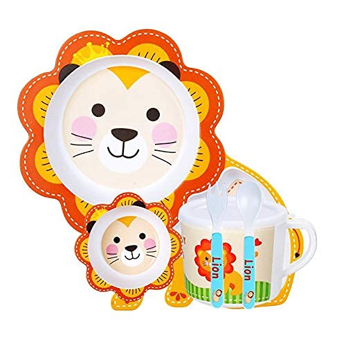子ども用食器 プレートセット 5点セット 動物形 可愛い キッズ食器セット 仕切り 幼児用ランチプレート 軽量 丈夫 竹繊維 健康に良い ホーム 幼稚園 保育園 赤ちゃん (ライオン,F)