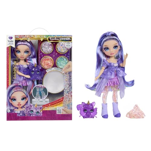 RAINBOW HIGH Rainbow Shimmers con Slime - Violeta, Púrpura - Muñeca de Moda de 28 cm, Viene con un Kit de Limo y una Ardilla de Mascota, Apto para Niños Mayores de 4 Años