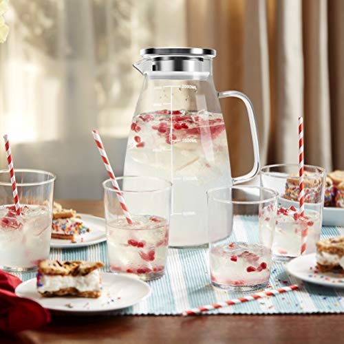 Aofmee Glass Pitcher with Lid, 68oz Water Pitcher with Handle and Precise Scale Line, Stainless Steel Iced Tea Carafe, Heat Resistant Borosilicate Jug for Juice, Milk, Cold or Hot Beverages