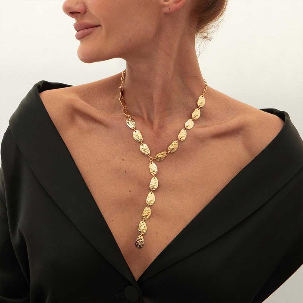 Statement Long Gold Hammered Tear Drop Y Shaped Necklace for Women, Trendy Unique Irregular Silver Teardrop Tassel Necklaces Vintage Party Jewelry Gift - Image 6