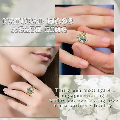 Natural Moss Agate Engagement Ring Set 925 Sterling Silver/10K Gold Rose Gold Anniversary Promise Moss Agate Jewelry Women's Exclusive Ring for Mother or Wife3