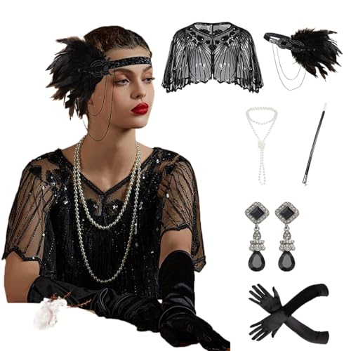 1920s Flapper Accessories Set for Women, Roaring 20s Great Gatsby Headband Flapper Costume Accessories Harlem Nights Accessories for Women with Shawl Feather Headpiece Necklace Earrings Long Gloves