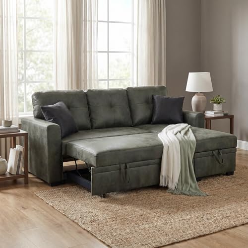 Image of 71 inch Green Convertible Sofa Bed, L-Shaped Pull Out Couch with Storage Chaise | TYBOATLE, Green Sleeper Sofa, Pull Out Couch Bed, Reversible Storage Chaise, Linen Fabric, Living Room, Apartment, Guest Room