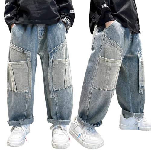 Tween Boys Straight Leg Jeans Elastic Waistband Baggy Denim Pants with Splicing Decoration for Kid Pants