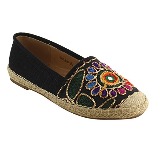 REFRESH IE90 Women's Cap Toe Espadrille Floral Stitched Flats,8.5 B(M) US,Black
