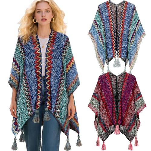 2 Pcs Women's Knit Vintage Ethnic Tassel Stripe Poncho Knitted Shawl Wrap Open Front Poncho Cardigan Kimono with Fringe for Fall Winter Casual Loose Fringe Blanket Scarf Coat Wedding Gift