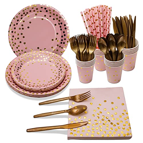 160 Stück Rosegold Partygeschirr Pappteller Set,Partyzubehör Papierteller Becher Servietten Strohhalme Löffel Gabeln Messer für Geburtstag,Hochzeiten,Jubiläums(20 Gäste) Cover