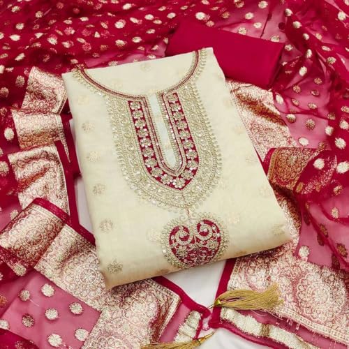 Image of HMP Fashion Womens Shimmer Butti Neck Work Unstitched Dress Material with Heavy Jacquard Dupatta Ethnic Salwar Kameez Ethnic Set