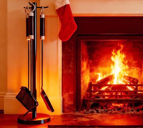Kingson Juego de 4 piezas para chimenea – Herramientas modernas negras para chimenea con pala, póquer, cepillo y soporte redondo pesado – Herramientas de acero con asas de acero inoxidable y hierro