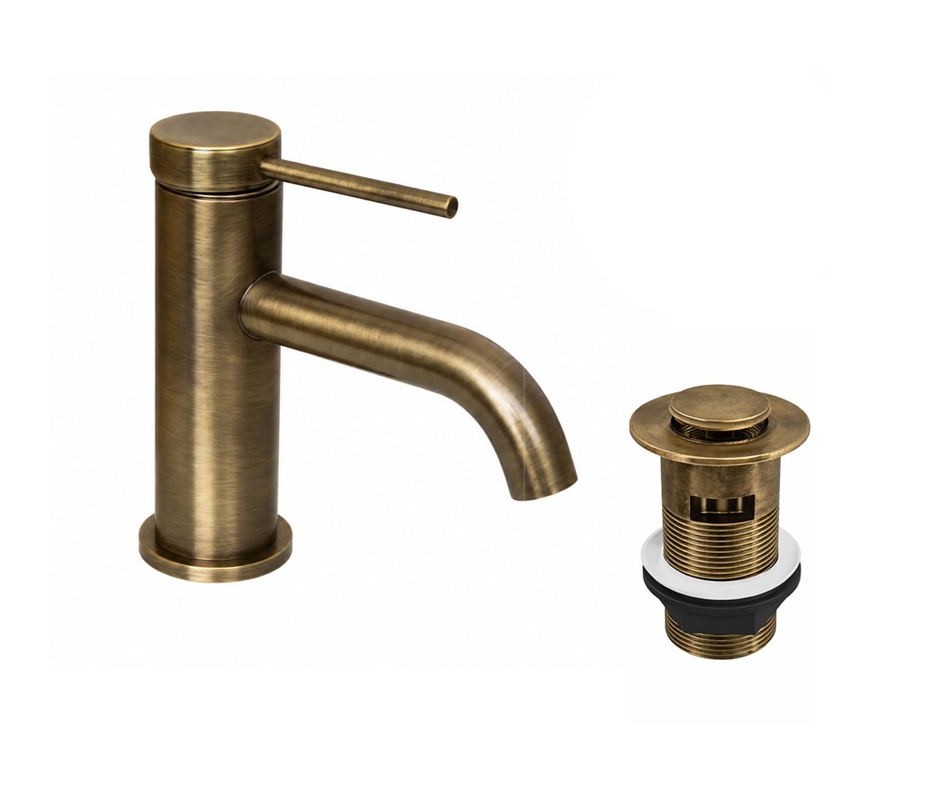 Flode Ovelo Mono Basin Mixer Tap with Push Button Basin Waste - Antique Brass Finish - Single Lever Bathroom Sink Tap