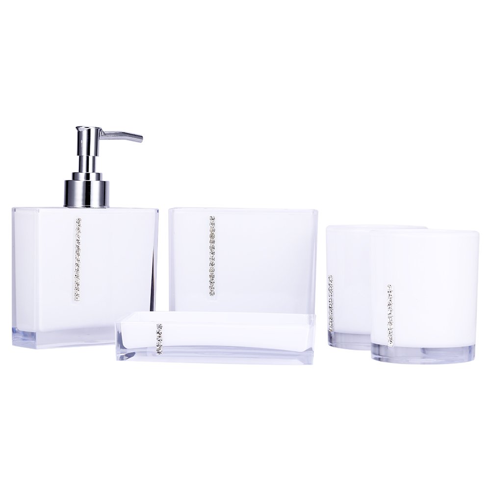 5-teiliges Badezimmer-Zubehör-Set beinhaltet Emulsionsflasche, Zahnbürstenhalter, 2 Gurgelbecher, Seifenschale, Kunststoff-Geschenk-Badeset, weiß