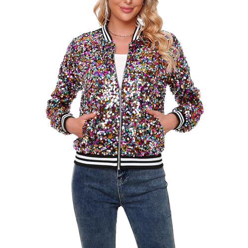 YYPBI Damen Pailletten Jacke Bomberjacke langärmelig glitzernder Bomber Jacke Metallic Festival Konzert Party Jacke mit Taschen Mehrfarbig XXL