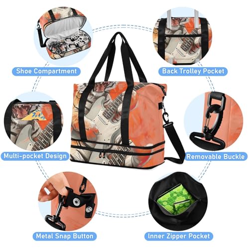 ALAZA Sports Duffel Bags with Toiletry Bag Set,Electric Guitar Tiger Travel Duffel Bags Multi Pockets Weekend Bag 5