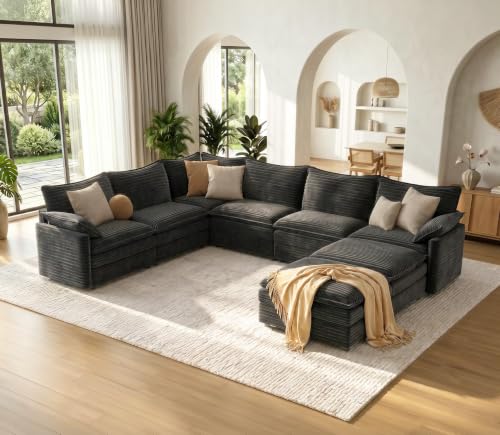 Image of Vesgantti Large Modular Sectional Sofa, Big Comfy Cloud Couch with Ottoman Deep Seat Corduroy Cloud Sofa, 8 Seater Large Sectional Couches for Living Room, Bedroom and Apartment, Gray