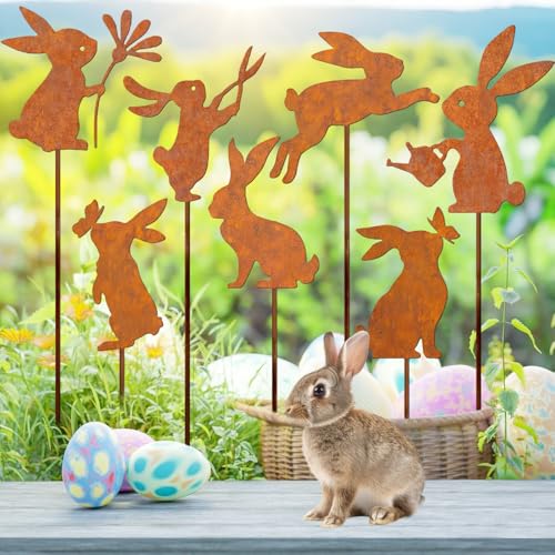 Dog's Booty 7pcs Osterhasen Gartenstecker Rost Osterhasen Figuren Blumenstecker für Ostern Deko Rostdeko Gartendeko Osterdeko Outdoor für Frühling Gärten Rasenflächen Terrassen