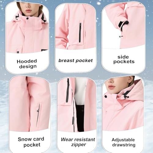 HOUZONIY Traje de nieve para mujer, conjunto de chaqueta de esquí y pantalones de esquí, chaqueta de nieve impermeable y cálida con capucha desmontable para esquiar y hacer snowboard, M - imagen 4
