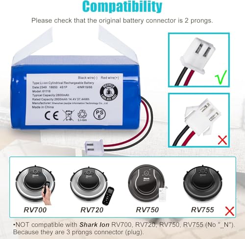 Image of JOTACT Upgraded 2.8Ah Replacement RVBAT850 Battery for Shark Ion R75 RV761 RV850C RV1000S RV1100VL RV101AE UR1000SR RV700 N RV720 N Vacuum Cleaners (2-Prong Connector)