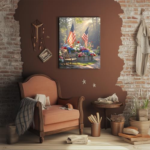 Image of Sunwes Memorial Day Canvas Wall Art, American Flag Rocking Chair and Morning Sunlight with Patriotic Flowers Print, Veterans Day Remembrance Wall Painting for Porch or Living Room 16x20inch