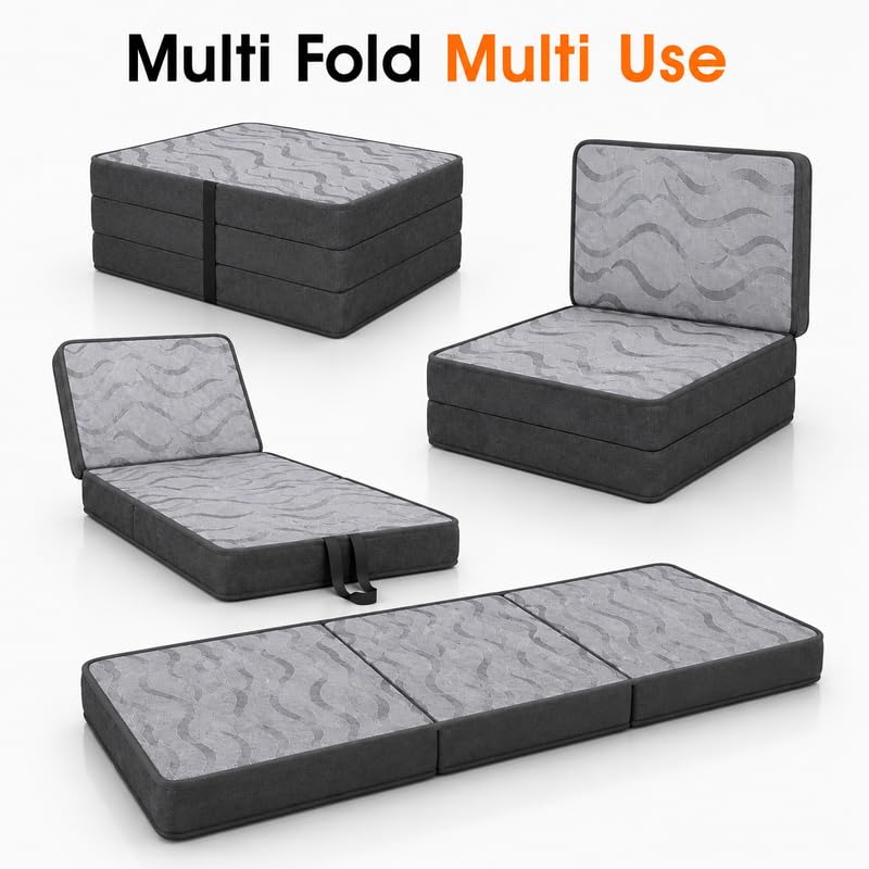 Image of Softline Tri Fold Mattress | 5 Inch HR Foam Foldable Floor Mattress | Medium Firm Back Support | Portable Guest Bed & Travel Mattress | Lightweight & Compact | Queen Size,|72x60x5