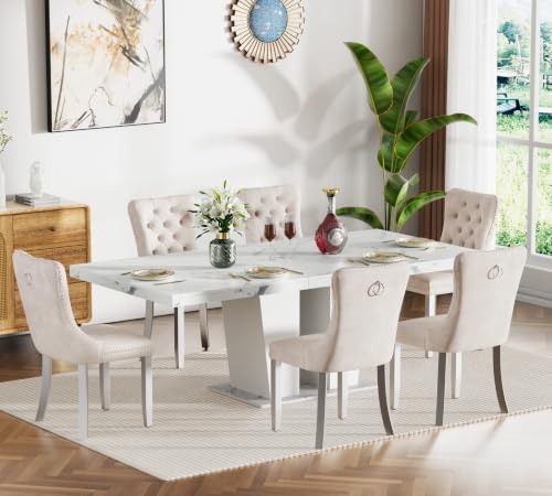 Image of Faux Marble Dining Table Set for 6, Extendable Kitchen Table Set for 6 | 63-78.74 inch White Expandable Table, 6 Beige Velvet Chairs, Modern Extendable Dining Table Set for Living Room Kitchen Apartment