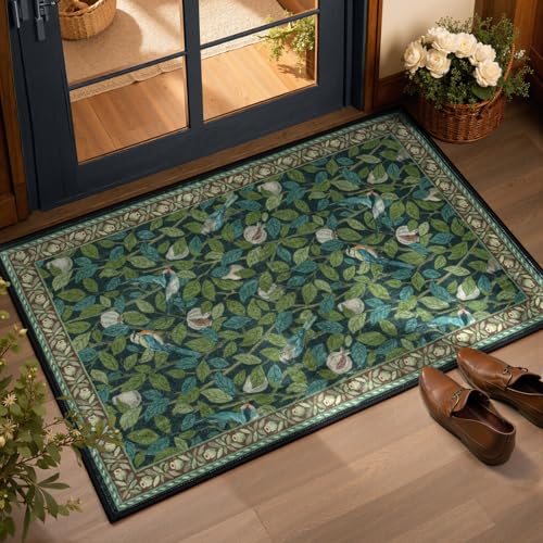 Moynesa Botanical Bird Washable 2x3 Kitchen Rugs, Non-Slip Soft Entry Rug Ultra-Thin Rug for Entryway, Easy Clean Green Front Door Rug Indoor Entrance Small Throw Rug for Bedroom(Dark Green)