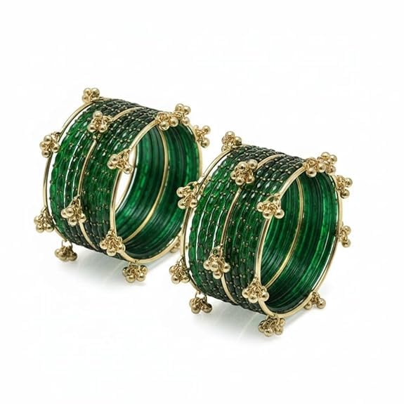 Green Rain Drop Bangles Set for Women with Kashmiri Gold Ghunghroo | Green Glass Chudi Set | Sawan Special Bangles | Hariyali Teej, Karwa Chauth, Wedding & Festival Jewellery Pack of 16 (12+4)-image-22